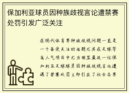保加利亚球员因种族歧视言论遭禁赛处罚引发广泛关注