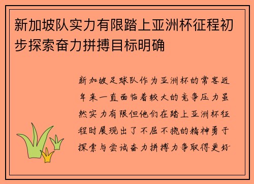 新加坡队实力有限踏上亚洲杯征程初步探索奋力拼搏目标明确