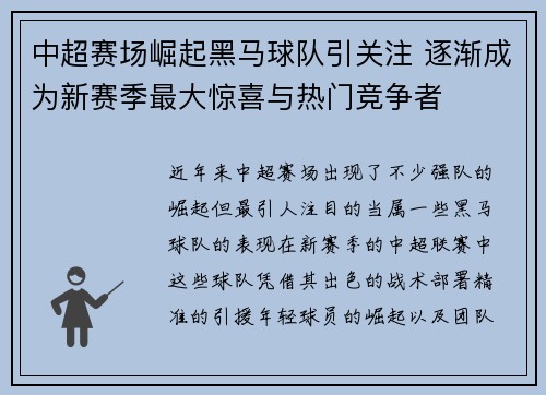 中超赛场崛起黑马球队引关注 逐渐成为新赛季最大惊喜与热门竞争者