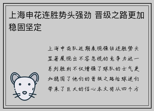 上海申花连胜势头强劲 晋级之路更加稳固坚定